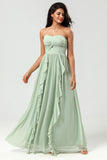 Dusty Sage A Line Sweetheart Long Knitted Chiffon Bridesmaid Dress With Ruffles