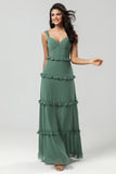 Elegant Eucalyptus A Line Spaghetti Straps Chiffon Long Bridesmaid Dress