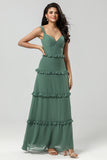 Elegant Eucalyptus A Line Spaghetti Straps Chiffon Long Bridesmaid Dress
