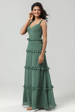 Elegant Eucalyptus A Line Spaghetti Straps Chiffon Long Bridesmaid Dress
