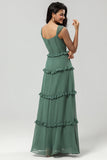 Elegant Eucalyptus A Line Spaghetti Straps Chiffon Long Bridesmaid Dress