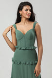 Elegant Eucalyptus A Line Spaghetti Straps Chiffon Long Bridesmaid Dress
