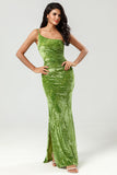 Olive Green Sheath One Shoulder Burnout Velvet Floor-Length Bridesmaid Dress with Slit