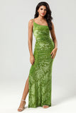 Olive Green Sheath One Shoulder Burnout Velvet Floor-Length Bridesmaid Dress with Slit