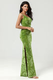 Olive Green Sheath One Shoulder Burnout Velvet Floor-Length Bridesmaid Dress with Slit