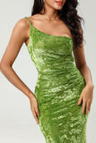 Olive Green Sheath One Shoulder Burnout Velvet Floor-Length Bridesmaid Dress with Slit