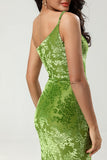 Olive Green Sheath One Shoulder Burnout Velvet Floor-Length Bridesmaid Dress with Slit