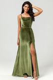 A Line Spaghetti Straps Floor-Length Velvet Bridesmaid Dress with Slit