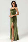 A Line Spaghetti Straps Floor-Length Velvet Bridesmaid Dress with Slit