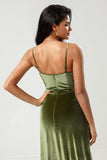 A Line Spaghetti Straps Floor-Length Velvet Bridesmaid Dress with Slit