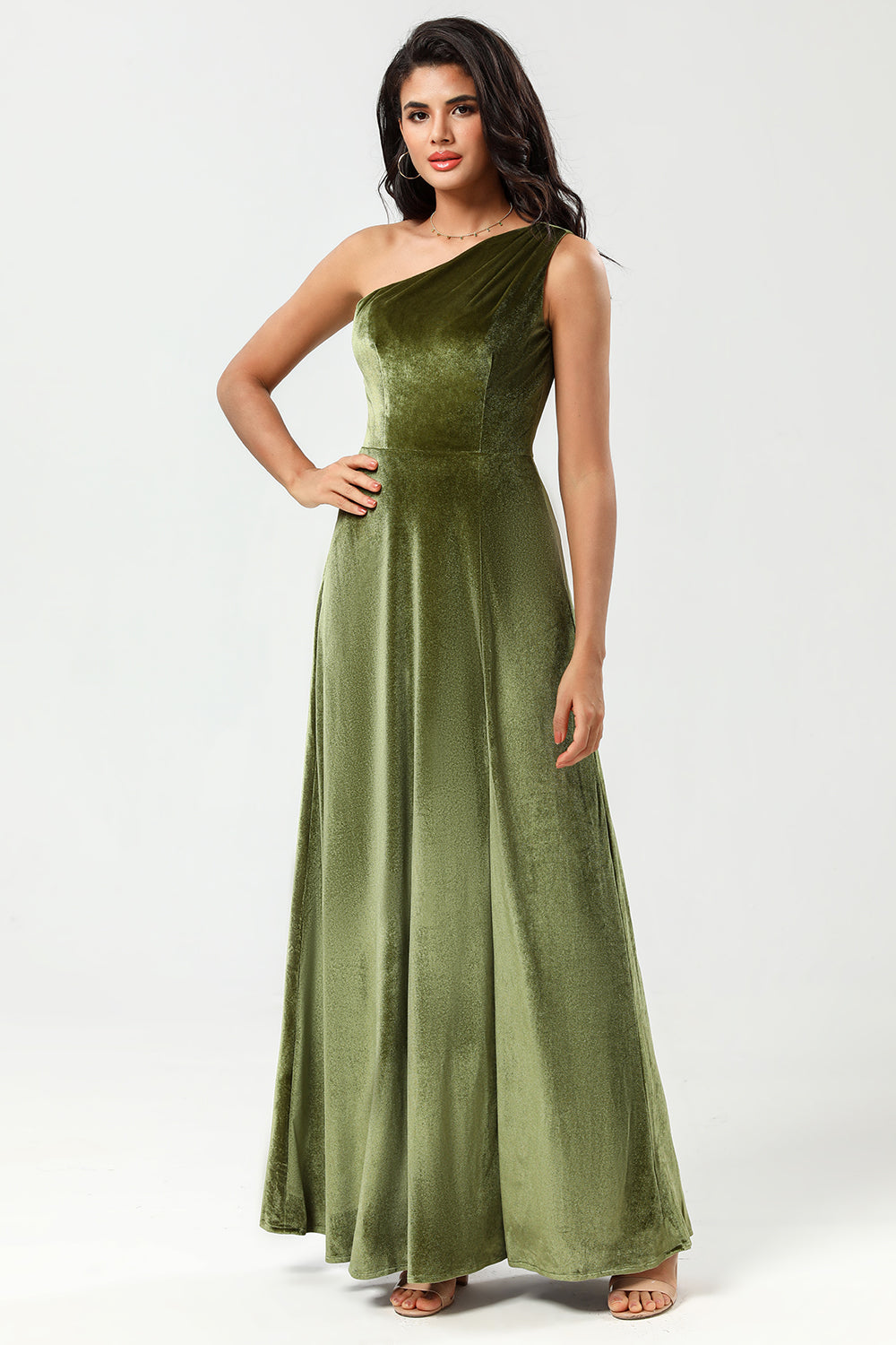Wedtrend Women Olive Bridesmaid Dress A Line One Shoulder Floor-Length Velvet Wedding Party Dress with Slit WEDTREND Wedtrend Women Olive Bridesmaid Dress A Line One Shoulder Floor-Length Velvet Wedding Party Dress with Slit WEDTREND