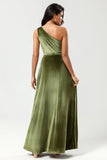 A Line One Shoulder Floor-Length Velvet Bridesmaid Dress with Slit