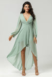 A Line V Neck Chiffon Matcha Bridesmaid Dress With Long Sleeves