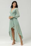 A Line V Neck Chiffon Matcha Bridesmaid Dress With Long Sleeves