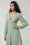 A Line V Neck Chiffon Matcha Bridesmaid Dress With Long Sleeves