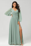Matcha A Line Ruched Chiffon Floor-Length Bridesmaid Dress with Slit
