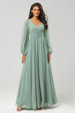 Matcha A Line Ruched Chiffon Floor-Length Bridesmaid Dress with Slit