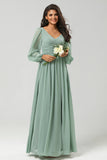 Matcha A Line Ruched Chiffon Floor-Length Bridesmaid Dress with Slit