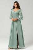 Matcha A Line Ruched Chiffon Floor-Length Bridesmaid Dress with Slit