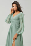 Matcha A Line Ruched Chiffon Floor-Length Bridesmaid Dress with Slit