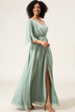 A Line V Neck Pleated Chiffon Matcha Bridesmaid Dress with Slit