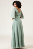 A Line V Neck Pleated Chiffon Matcha Bridesmaid Dress with Slit