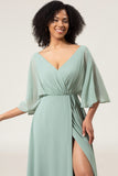 A Line V Neck Pleated Chiffon Matcha Bridesmaid Dress with Slit