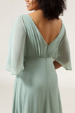 A Line V Neck Pleated Chiffon Matcha Bridesmaid Dress with Slit