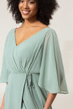 A Line V Neck Pleated Chiffon Matcha Bridesmaid Dress with Slit