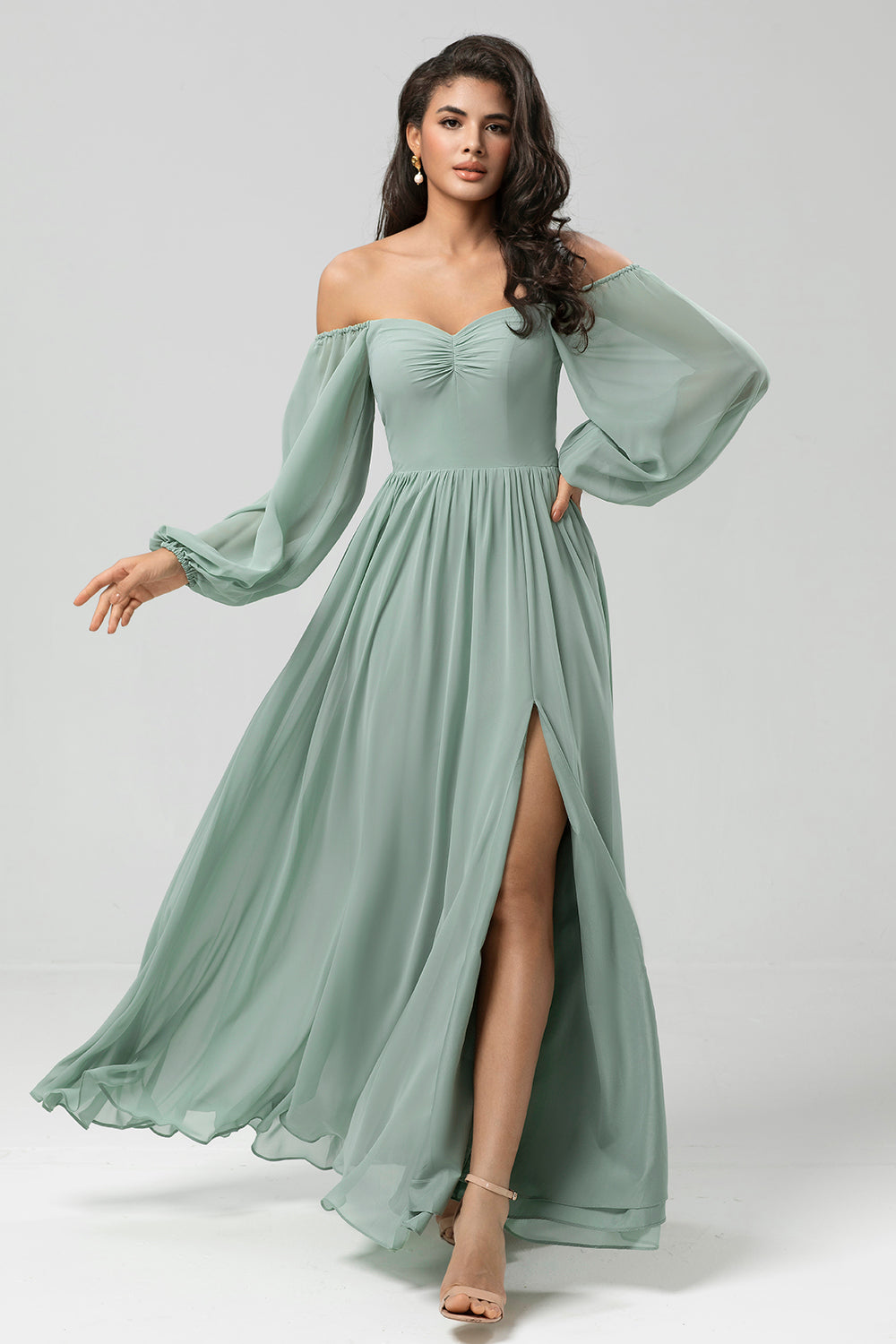 Wedtrend Women Matcha Bridesmaid Dress A Line Off The Shoulder Long Sleeves Ruched Chiffon Floor-Length Formal Evening Dress, Chiffon Color / US12 Wedtrend Women Matcha Bridesmaid Dress A Line Off The Shoulder Long Sleeves Ruched Chiffon Floor-Length Formal Evening Dress, Chiffon Color / US12