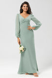 Matcha Sheath V Neck Chiffon Knotted Long Bridesmaid Dress with Slit