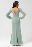 Matcha Sheath V Neck Chiffon Knotted Long Bridesmaid Dress with Slit