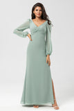 Matcha Sheath V Neck Chiffon Knotted Long Bridesmaid Dress with Slit