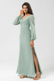 Matcha Sheath V Neck Chiffon Knotted Long Bridesmaid Dress with Slit