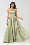 Dusty Sage A-Line Square Neck Floor-Length Satin Bridesmaid Dress with Pocket