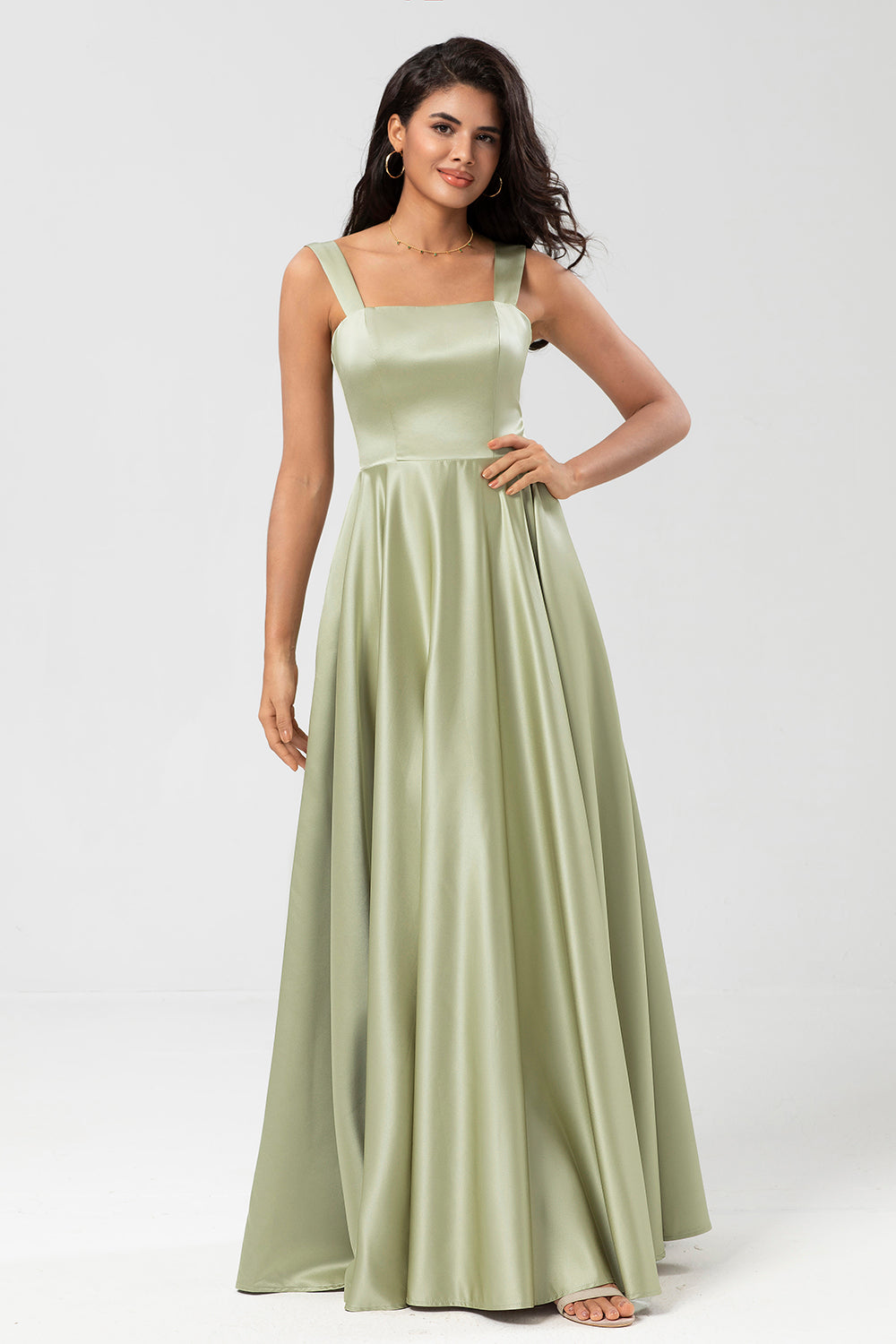 Dusty Sage A-Line Square Neck Floor-Length Satin Bridesmaid Dress with Pocket