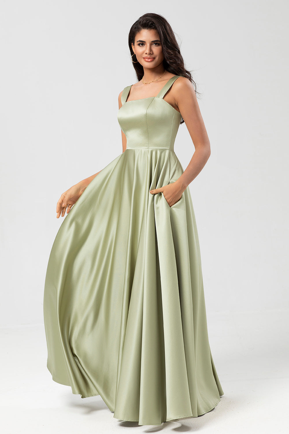Dusty Sage A-Line Square Neck Floor-Length Satin Bridesmaid Dress with Pocket