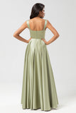 Dusty Sage A-Line Square Neck Floor-Length Satin Bridesmaid Dress with Pocket