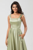 Dusty Sage A-Line Square Neck Floor-Length Satin Bridesmaid Dress with Pocket