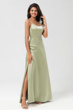 Dusty Sage A Line Spaghetti Straps Floor-Length Satin Bridesmaid Dress with Slit