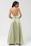 Dusty Sage A Line Spaghetti Straps Floor-Length Satin Bridesmaid Dress with Slit