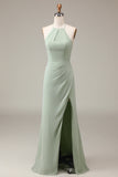 Matcha Sheath Halter Neck Pleated Bridesmaid Dress with Slit