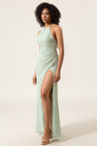 Matcha Sheath Halter Neck Pleated Bridesmaid Dress with Slit