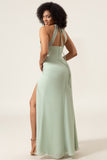 Matcha Sheath Halter Neck Pleated Bridesmaid Dress with Slit