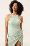 Matcha Sheath Halter Neck Pleated Bridesmaid Dress with Slit