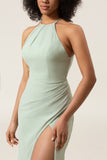 Matcha Sheath Halter Neck Pleated Bridesmaid Dress with Slit