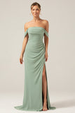 Dusty Sage Sheath Off the Shoulder Pleated Chiffon Bridesmaid Dress With Slit