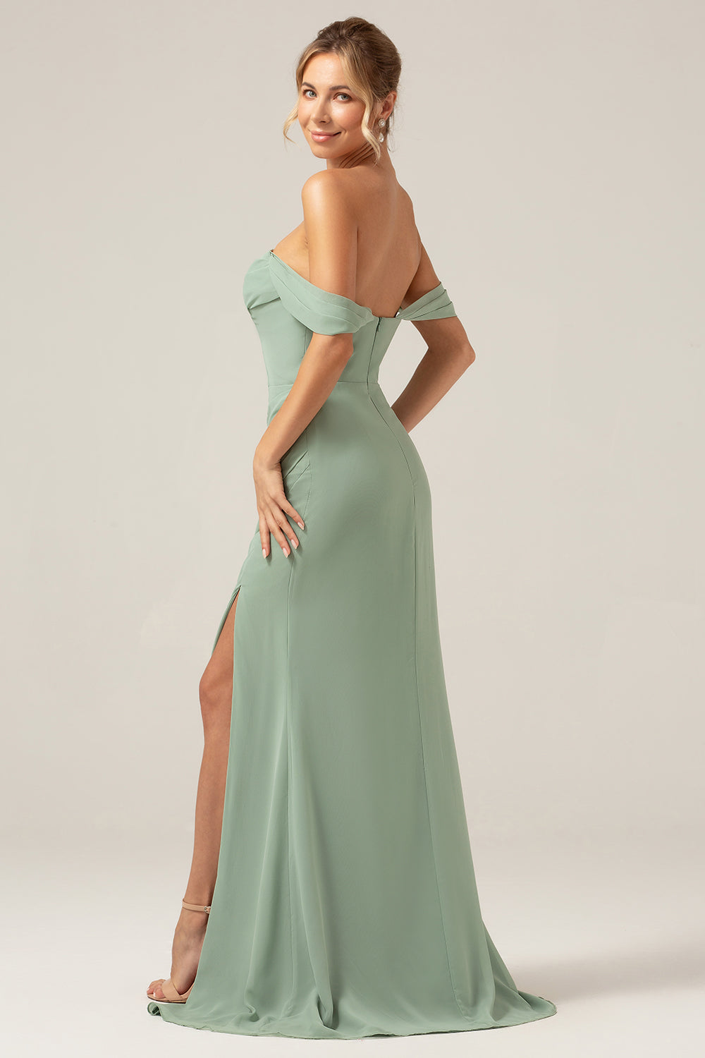 Wedtrend Women Dusty Sage Sheath Off the Shoulder Pleated Long Chiffon Bridesmaid Dress With Slit WEDTREND Wedtrend Women Dusty Sage Sheath Off the Shoulder Pleated Long Chiffon Bridesmaid Dress With Slit WEDTREND