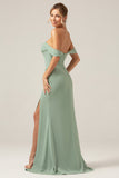 Dusty Sage Sheath Off the Shoulder Pleated Chiffon Bridesmaid Dress With Slit