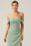 Dusty Sage Sheath Off the Shoulder Pleated Chiffon Bridesmaid Dress With Slit